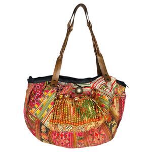Artisan Purse Thailand Beaded Boho Shoulder Travel Tote Bag Pink Mixed Media
